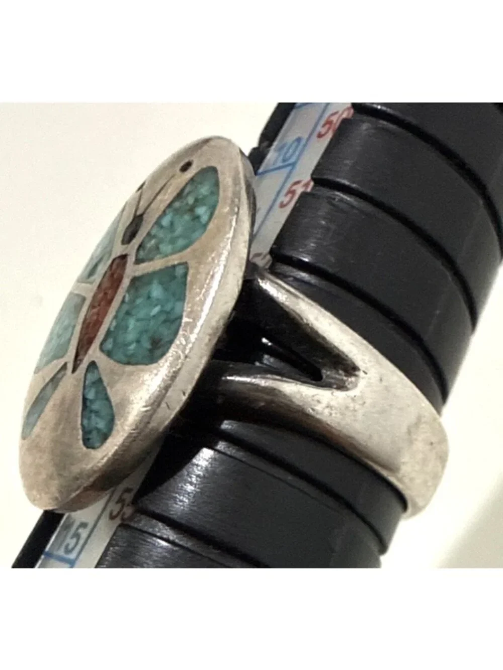 Vintage Native American Coral Turquoise Chip Inlay Silver Ring Southwestern 6.5